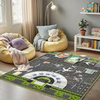 Airport Runway Play Rug for Kids - Interactive Airplane Faux Wool Rug with Aircraft Traffic System Design, Non-Slip Educational Aviation Carpet for Nursery, Playroom & Bedroom Gifts.