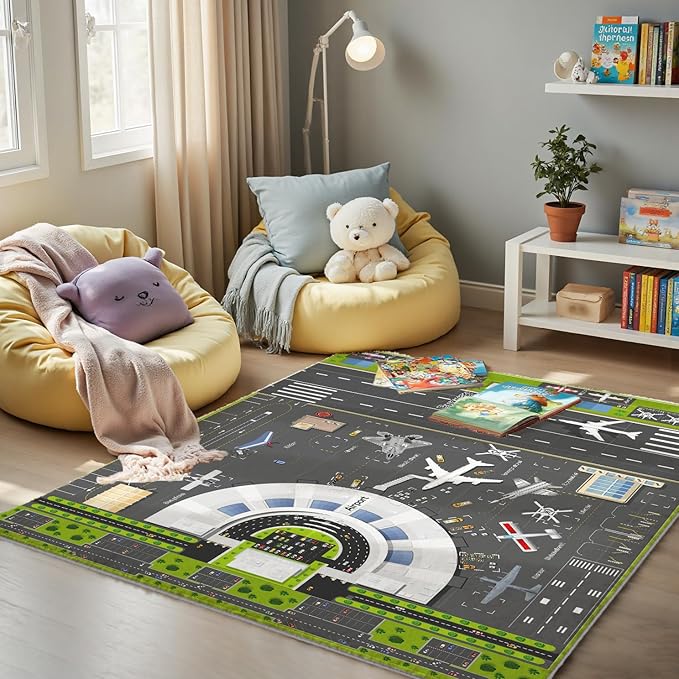 Airport Runway Play Rug for Kids - Interactive Airplane Faux Wool Rug with Aircraft Traffic System Design, Non-Slip Educational Aviation Carpet for Nursery, Playroom & Bedroom Gifts.