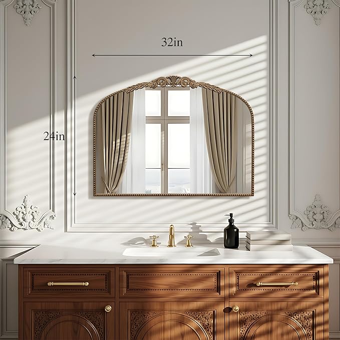 Besdomus Gold Vintage Vanity Mirror: 24"x 32" French Baroque Arched Mirror - Traditional Ornate Antique Mirrors for Wall/Dresser/Mantel/Bedroom/Entryway/Bathroom/Hallway - Home Decor for Living Room