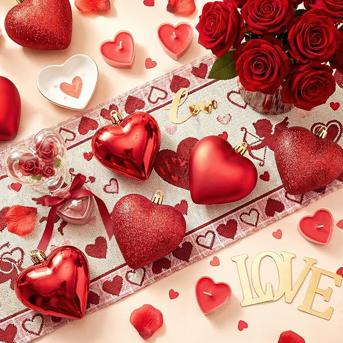 XmasExp Heart Ornaments for Christmas Tree Decorations Set of 24 Heart Shaped Bauble Perfect for Valentine's Day Wedding Anniversaries and Party Supplies (Dark Red)