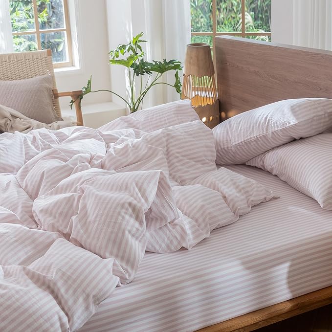 MooMee Striped Duvet Cover Set 100% Washed Cotton Linen Like Textured Breathable Durable Soft Comfy (Heathered Greyish Pink Classic Stripes, Twin 68"x90")