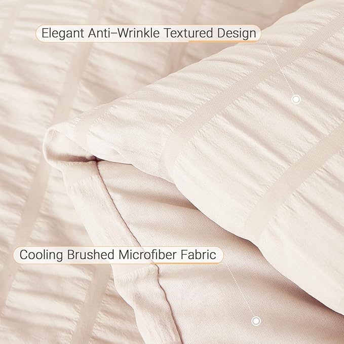 MUXHOMO 7 Pieces Queen Comforter Set, Seersucker Bed in a Bag Queen Size, All Season Luxury Bedding Set with Comforter, Flat Sheet, Fitted Sheet, Pillowcases & Shams, Beige