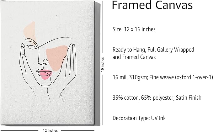 Aesthetic Face Wrapped Canvas Wall Art Hands on Cheeks Continuous Line Drawing Abstract Pink 12x16 Inch Gallery Stretched Modern Home Art Decor