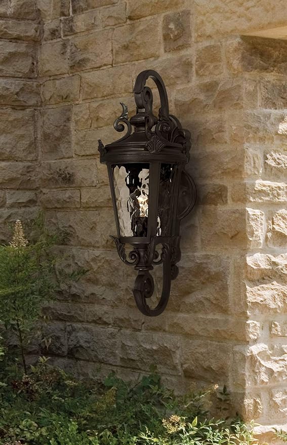 John Timberland Marseille Traditional Outdoor Wall Light Fixture Black Steel Scroll 19" Clear Hammered Glass Downbridge Arm for Exterior House Porch Patio Outside Deck Garage Front Door Home