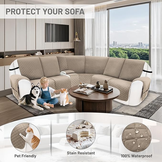 Recliner Sofa Covers 100% Waterproof Velvet L Shape Recliner Couch Covers for Dogs Pets Washable Anti Slip Recliner Slipcovers with Pockets (5 Seat Sofa with 1 Console, Khaki)