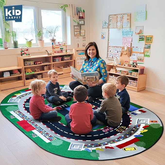 KIDCARPET.COM Raceway Rug 7'6"x 12' Oval, Educational Classroom Rug, Kids Learning Play Mat | Area Rug for Bedroom or Playroom