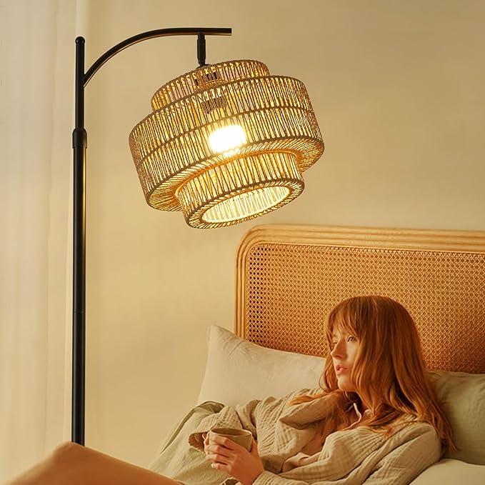 Boho Rattan Floor Lamp with Hand-Woven Wicker for Living Room,Modern 3-Tier Tall Floor Lamp with 3 Color Temperatures Remote & Dimmable 9W Bulb for Dining Room Bedroom Office Hotel(Brown)