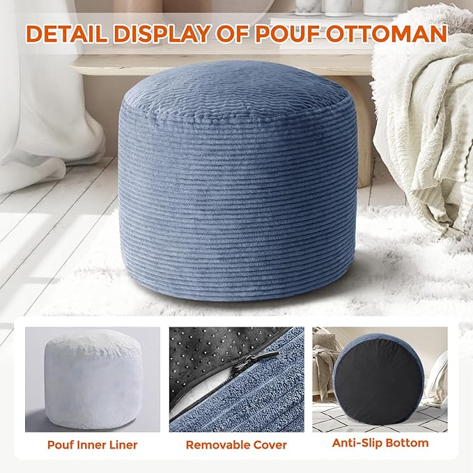 Pouf Ottoman Foot Rest, Comfortable & Soft, Round Footstool for Living Room, Bedroom, Office, Room Decoration, Corduroy Foot Stool Pouf with Odorless & Anti-Clump Filling, Large Navy