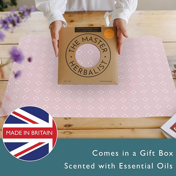 The Master Herbalist Fragrant Scented Drawer Liners in a Geometric Print (Folded) | Natural | Pack of 5 Sheets | Contains Essential Oils | Made in The UK (Helebore Pink | Neroli & Bergamot, Folded)