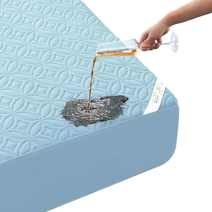 BEDLORE Waterproof Mattress Protector, Cal King Size Mattress Pad with Deep Pocket 6"-24" Depth, Soft Dirt-Proof Double Bed Mattress Cover for Bedroom, College Dorm, Hotel (Sky Blue)