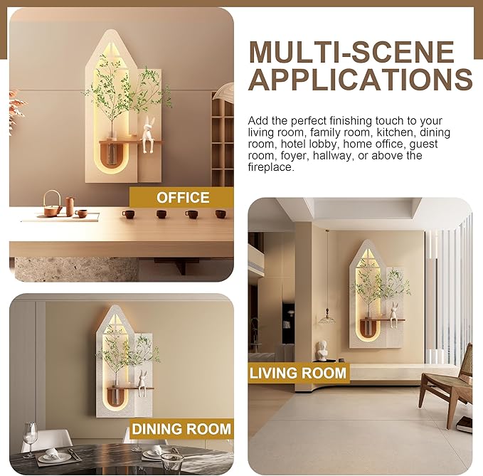 LED Sandstone Wall Decor, 3D Wall Art Sculpture, Simulated Plants, Glass Vase & Remote Control 3 Color Light for Living Room, Bedroom, Corridor(Light Coffee,47.2 * 13in)