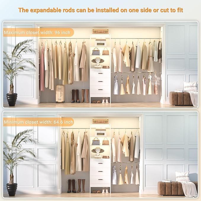 96'' Closet Organizer System with 3 Hanging Rods, 8FT Closet Organizers and Storage with 3 Wooden Drawers, Built in Closet Organizer Systems, Adjustable Walk-in Wardrobe from 5-8FT, White
