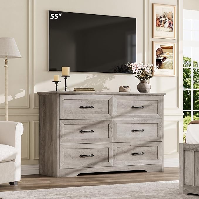 GAOMON Farmhouse 6 Double Drawers Dresser for Bedroom, 47.2'' Wide Chest of Drawer, Wooden Horizontal Dresser with Metal Handles and Stable Base, Modern Cabinet for Bedroom, Living Room, Grey