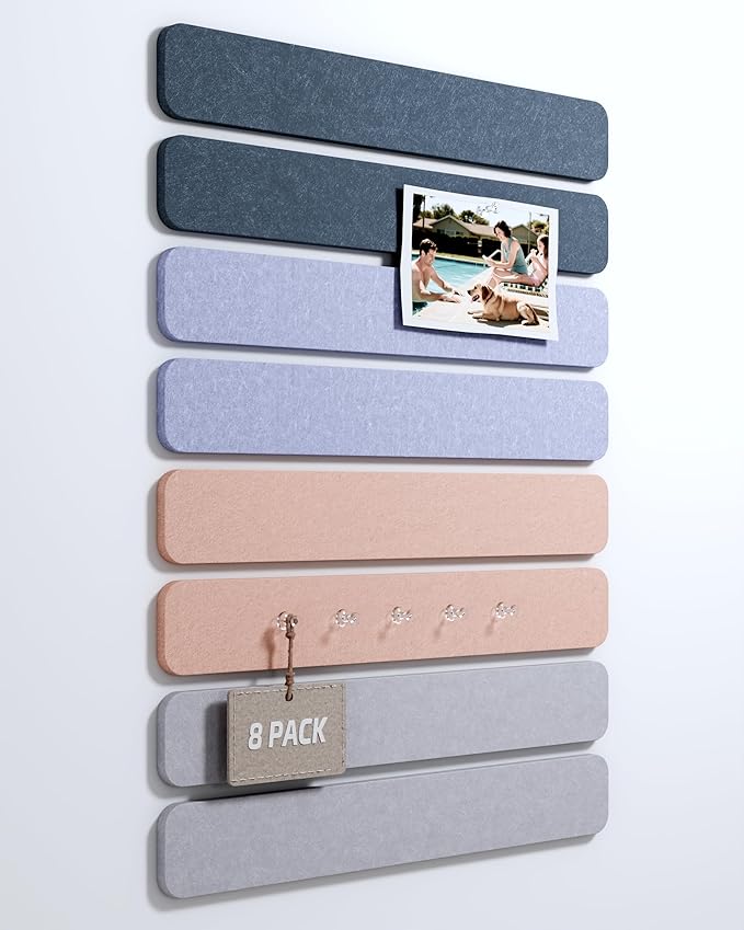 Cork Board Alternative Felt Strip Board 8-Pack 13"x2", Office Pin Board with 50 Push Pins, Adhesive Install for Bedroom Door & Home Office(Heather Grey)