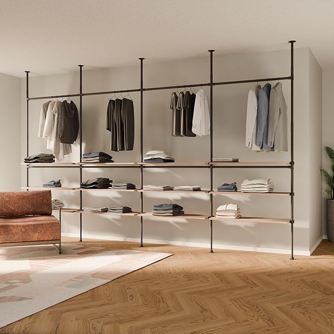 pamo Industrial Pipe Clothing Rack with Shelf - 660 lbs Capacity - Clamping Clothes Rack and Walk In Closet with Wooden Shelf for Wardrobe