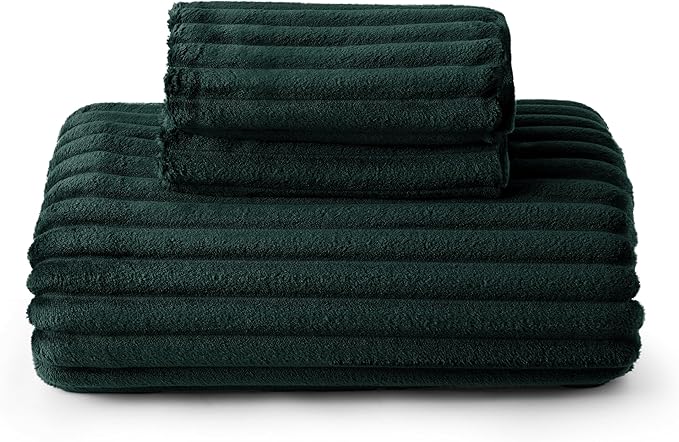 Bedsure Fluffy Duvet Cover Set - Ultra Soft Plush Shaggy Comforter Cover King Size, Warm Flannel Fleece Bed Sets for Winter, 3 Pieces (Striped Pattern, Forest Green)