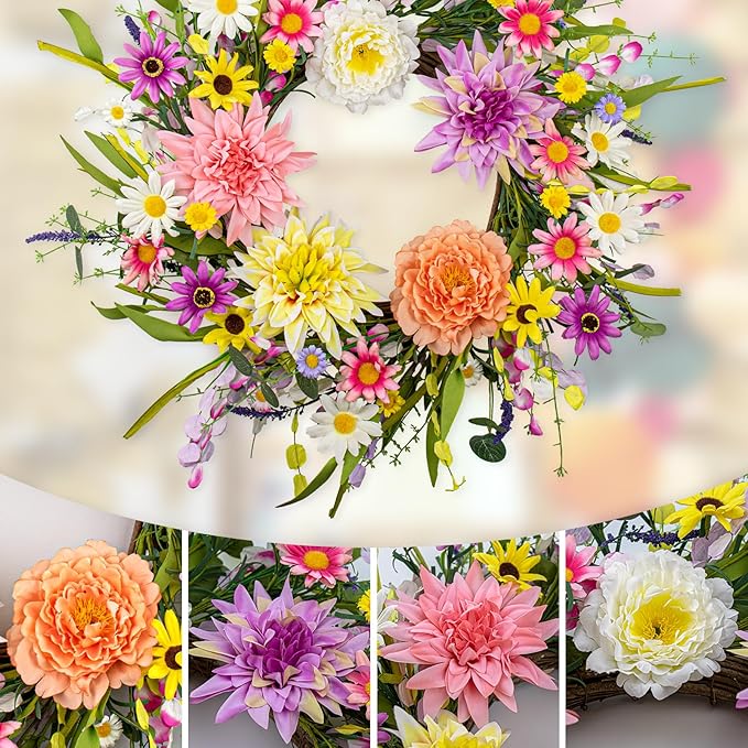 Artificial Spring Wreath 22 Inch Floral Wreaths for Front Door Spring Summer Wreath with Dahlia Daisy Flowers for Indoor Porch Wall Springtime Holidays Easter Celebrations