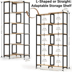 6 Tier Corner Shelf/Bookshelf, Deformable L Shaped Bookcase, Modern Tall Storage Display Rack with Sturdy Metal Frame for Home Office (Light Natural Wood Color)