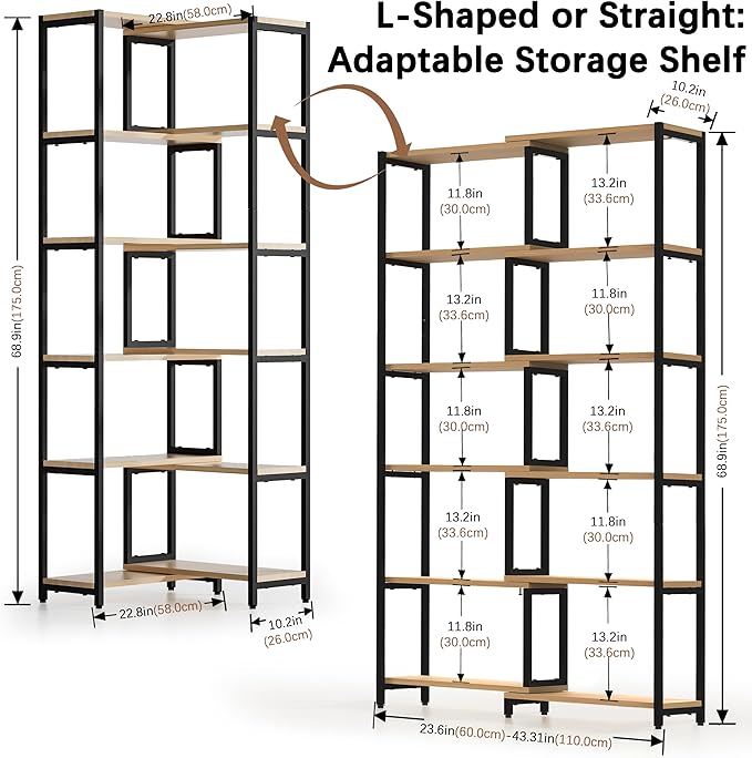 6 Tier Corner Shelf/Bookshelf, Deformable L Shaped Bookcase, Modern Tall Storage Display Rack with Sturdy Metal Frame for Home Office (Light Natural Wood Color)