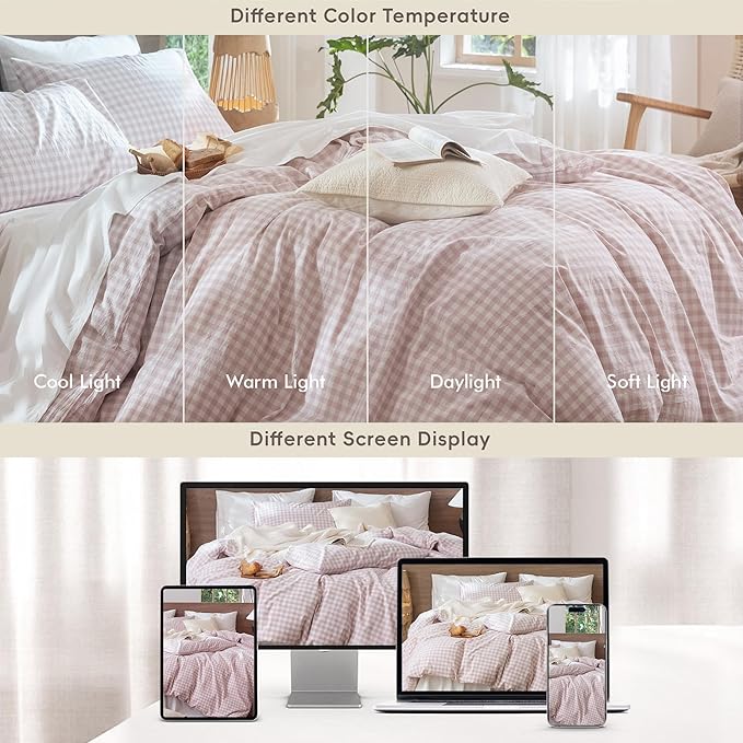MooMee Gingham Duvet Cover Set 100% Washed Cotton Linen Like Textured Breathable Durable Soft Comfy Modern Checkered Design (Classic Gingham Greyish Pink, Full 80"x90")
