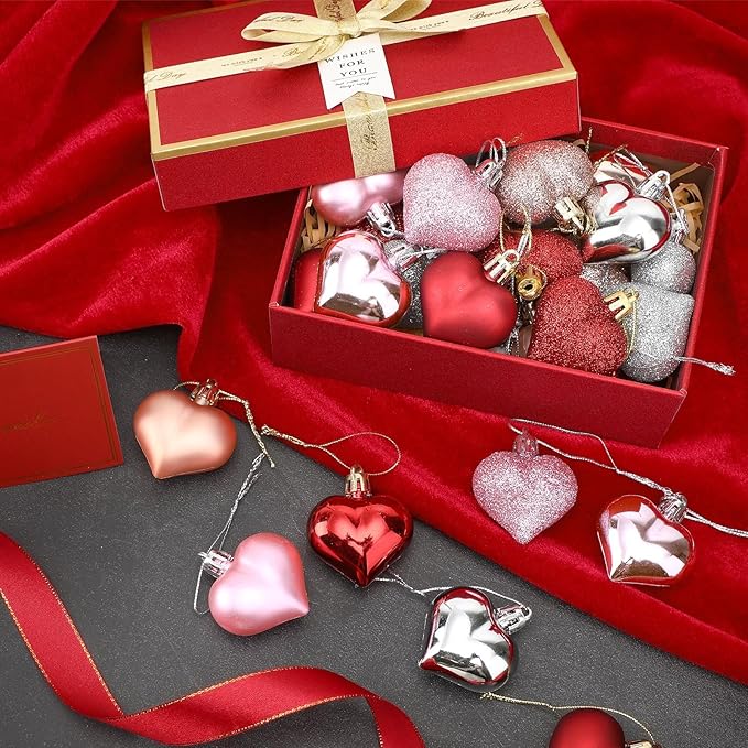 JULMELON 24Pcs Valentine's Day Heart Shaped Ornaments Romantic Valentines Heart Hanging Tree Ornaments Decorations for Home Valentine Tree Wedding Party (Red, Pink,Rose Gold and Silver)