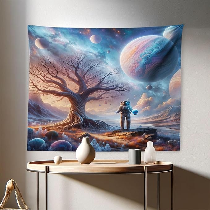 Ambesonne Space Tapestry, Lonely Astronaut in a Surreal Planet Pastel Celestial Forms Dried Tree, Fabric Wall Hanging Decor for Bedroom Living Room Dorm, 28" X 23", Blue Pale Orange Mauve