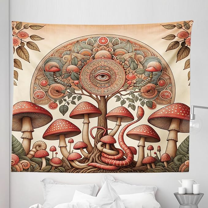 Ambesonne Hippie Tapestry King Size, Psychedelic Aura Leaves and Eye Ornate Tree Art with Mushrooms and Snake, Wall Hanging Bedspread Bed Cover Wall Decor, 104" X 88", Dark Pink Reseda Green