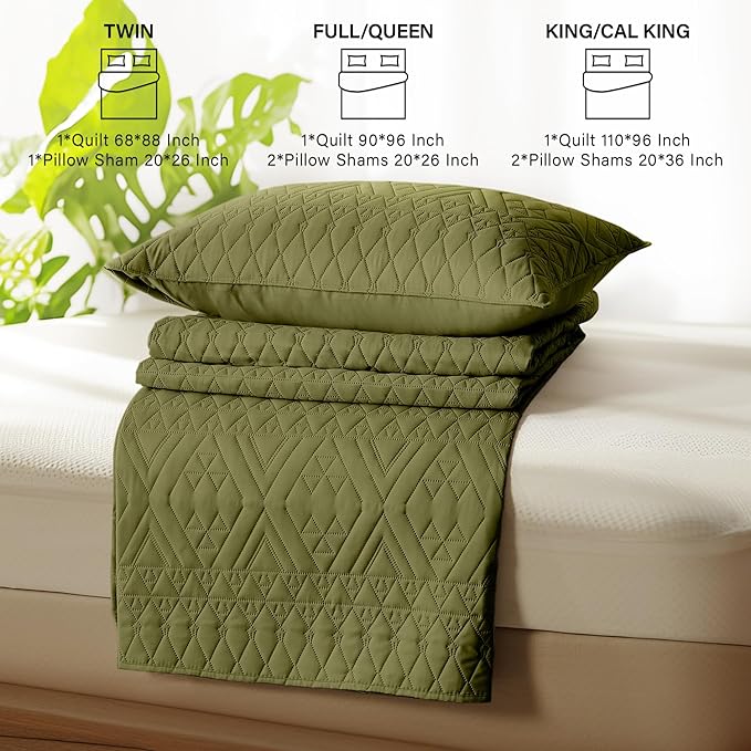 akkialla King/Cal King Size Quilt Bedding Set,Olive Green Lightweight Microfiber Soft Bedspread,Modern Style Geometric Pattern Coverlet Set for All Seasons,3 Piece(1 Quilt,2 Pillow Shams)