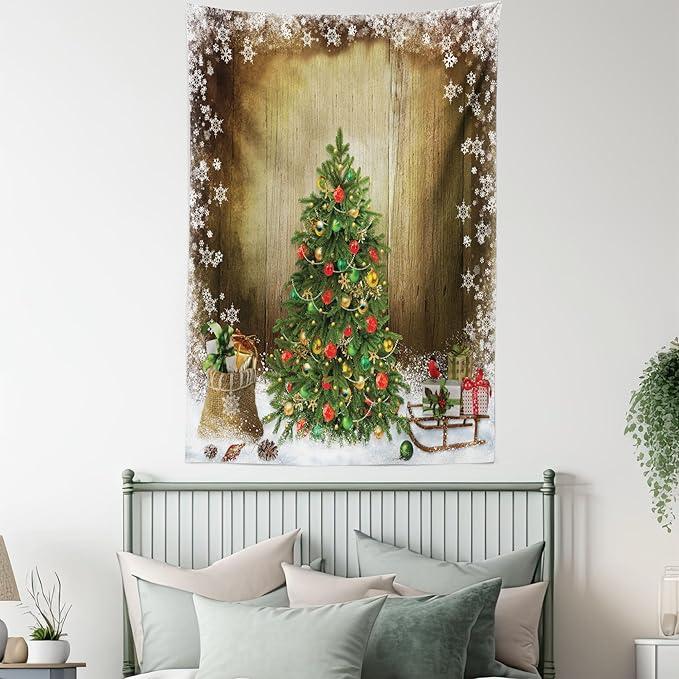 Ambesonne Christmas Tapestry Twin Size, Pine Tree with Present Boxes on Snowy Board Xmas at Countryside Theme, Wall Hanging Bedspread Bed Cover Wall Decor, Twin Size, Green Brown
