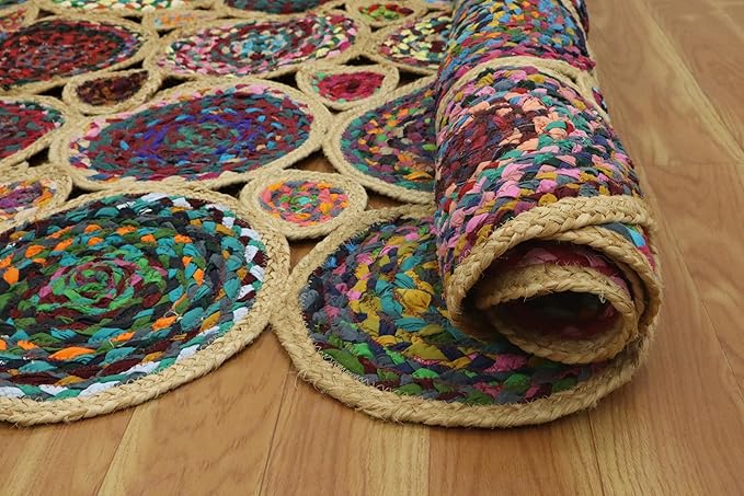 Scalloped Edge Rug, Hand Woven Natural Chindi Cotton and Jute Area Rug, 8x11 Ft Beige & Multicolor Braided Kilim Rugs for Living Room, Kitchen, Entryway, Farmhouse