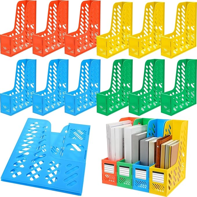 Glenmal 12 Pack Magazine Organizers Binder Organizer for Desk Plastic Vertical File Holder Magazine Racks Desk Accessories for Office, Home, or School (Colorful)