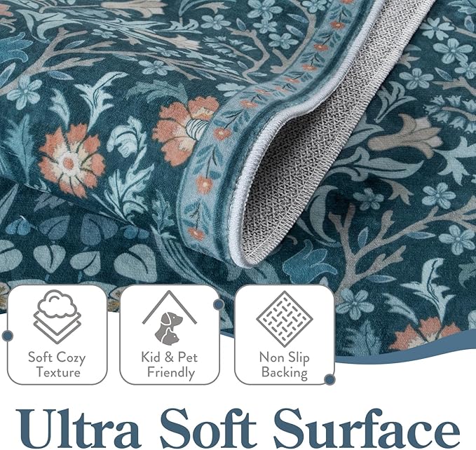 Moynesa Floral Washable Rug, Boho 5x7 Area Rugs for Living Room, Non Slip Large Dining Room Rug Under Table, Botanical Ultra Thin Floor Carpet for Bedroom Home Office, Teal