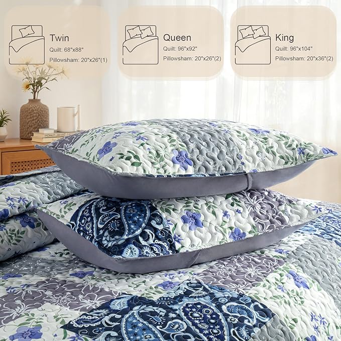 Whale Flotilla Patchwork Quilt King Size, Soft Boho Floral Bedspreads for Bed Reversible Lightweight King Quilt Bedding Set Coverlets with 2 Pillow Shams for All Seasons, Paisley Flowers