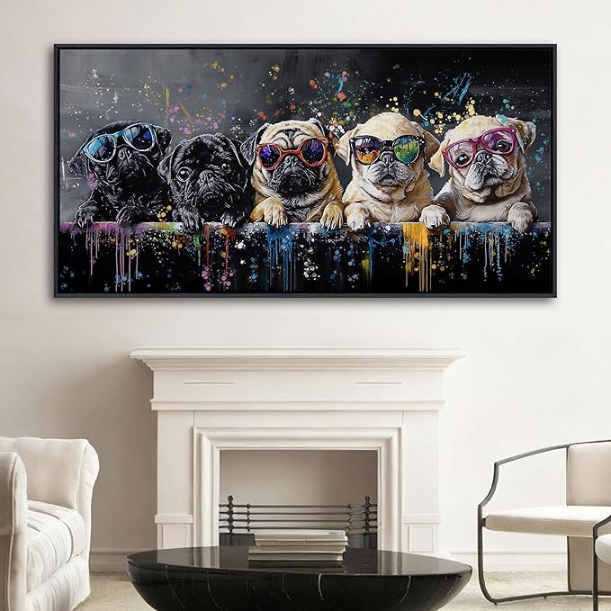 XLSJERST God Picturs Canvas Artwork 58x29 Inches - Cool Dog Graffiti Black and White Wall Art for Living Room Bedroom Bathroom Game Room Home Decor