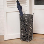 Vintage Metal Umbrella Holder Decorative Flower Design Square Umbrella Stands Entryway Organizer Bucket for Home/Office/Farmhouse - Holds Multiple Umbrellas, Walking Sticks & Canes (Black)