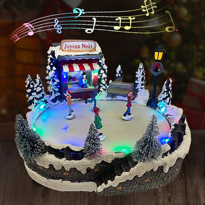 Christmas Village House Collectible Building Christmas Decor Estatua de la cabaña del Pueblo navideño Home Decoration Snow Globe Display Skating Pond Animated Theme Park with 8 Music (M)