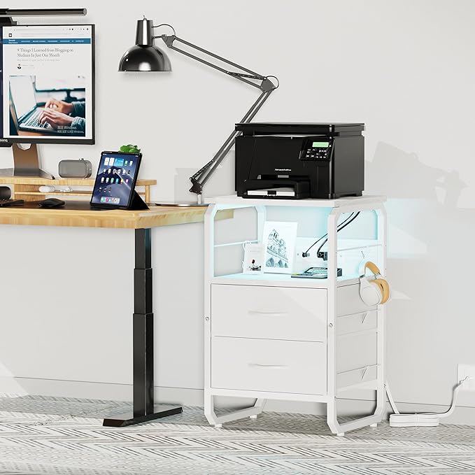 LED Nightstand, White Night Stand with Charger Station, Bed Side Table with Storage, Bedside Table with Drawers & Hooks, End Table with USB Ports & Outlets, Night Table for Living Room, Dorm