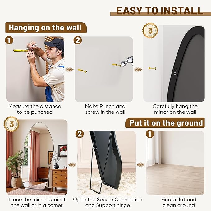 Antok Full Length Mirror, 76"x36" Floor Mirror with Stand, Standing Hanging Leaning Irregular Mirrors for Bedroom Living Room Entryway, Wavy Shaped, Black