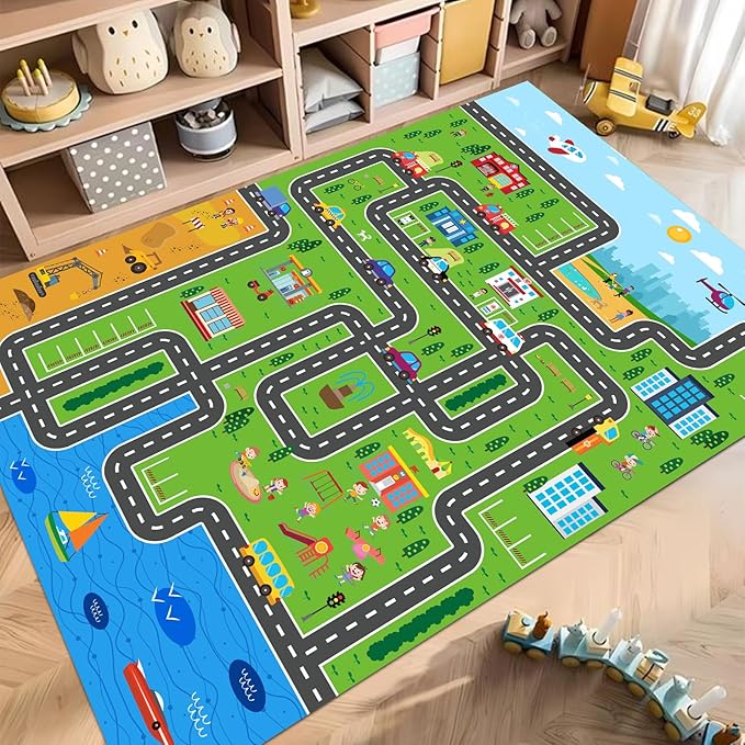 Kids Car Playmat, Kids Rug for Playroom Car Mat Town City Road Traffic Rugs, Play Mat for Floor, Extra Large Boys Kid Car Track Play Rug (Style ONE, 78.7X 59 INCH)
