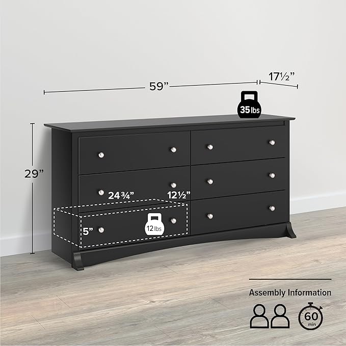 Prepac Sonoma 6-Drawer Double Dresser for Bedroom, Wide Chest of Drawers, Traditional Bedroom Furniture, 59"W x 17.5"D x 29"H, Black