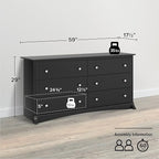 Prepac Sonoma 6-Drawer Double Dresser for Bedroom, Wide Chest of Drawers, Traditional Bedroom Furniture, 59"W x 17.5"D x 29"H, Black