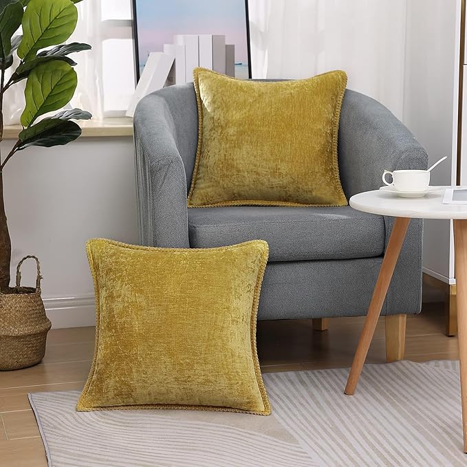 decorUhome Spring Chenille Soft Cozy Throw Pillow Covers 18x18 Set of 2, Modern Farmhouse Boho Velvet Decorative Pillow Cases with Stitched Edge for Couch Sofa Bed Home Decor, Mineral Yellow
