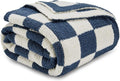 CozeCube Super Soft Fullfy Microfiber Reversible Knitted Blankets, Warm Cozy Fuzzy Plush Throw, Checkered Throw Blanket for Couch Bed Sofa, Dusty Blue and White, 60" x 80"