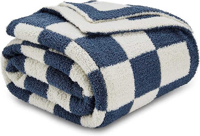 CozeCube Super Soft Fullfy Microfiber Reversible Knitted Blankets, Warm Cozy Fuzzy Plush Throw, Checkered Throw Blanket for Couch Bed Sofa, Dusty Blue and White, 60" x 80"
