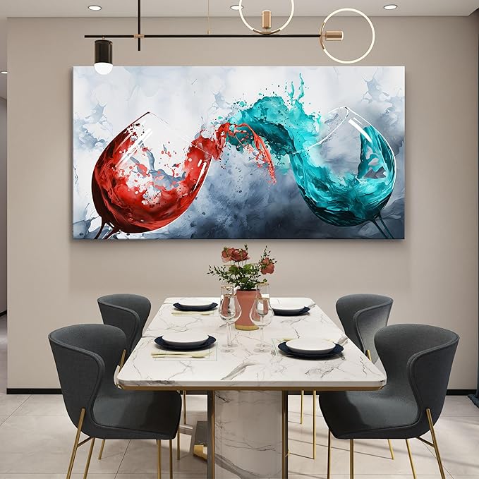 Pogusmavi Dining Room Wall Art - Blue & Red Wine Cups Canvas 30x60IN