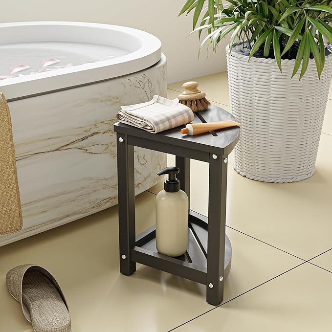 Shower Stool for Inside Shower, Corner Shower Bench Seat, HDPE Waterproof Shower Stool for Shaving Legs with Baffle Storage Shelf, Shower Seat/Foot Rest for Bathroom, Indoor/Outdoor Use, Grey