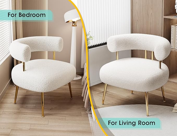 Mid Century Sherpa Boucle Accent Chair, Round Upholstered Barrel Arm Chair for Small Spaces, Fluffy Side Corner Sofa Chair for Living Room, Bedroom, Vanity, Office, Reading Nook(Cream White)
