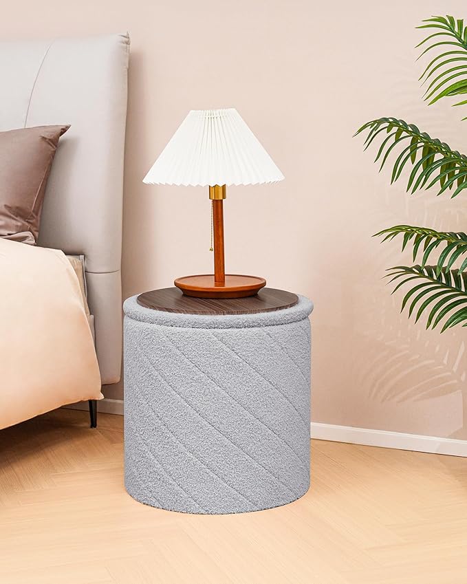 Round Boucle Storage Ottoman with Reversible Wood Tray, 17.7" Sherpa Cylinder Footrest Stool with Storage, Upholstered Folding Ottoman Coffee Table for Living Room Bedroom Dorm, Grey