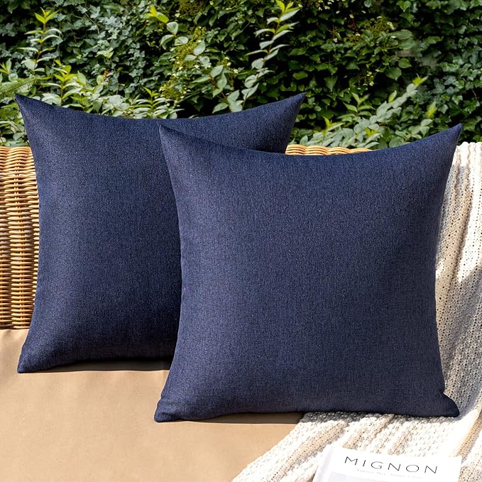 MIULEE Pack of 2 Decorative Outdoor Solid Waterproof Throw Pillow Covers Euro Sham Faux Linen Garden Farmhouse Cushion Cases for Summer Patio Tent Balcony Couch Sofa 24x24 Inch Navy