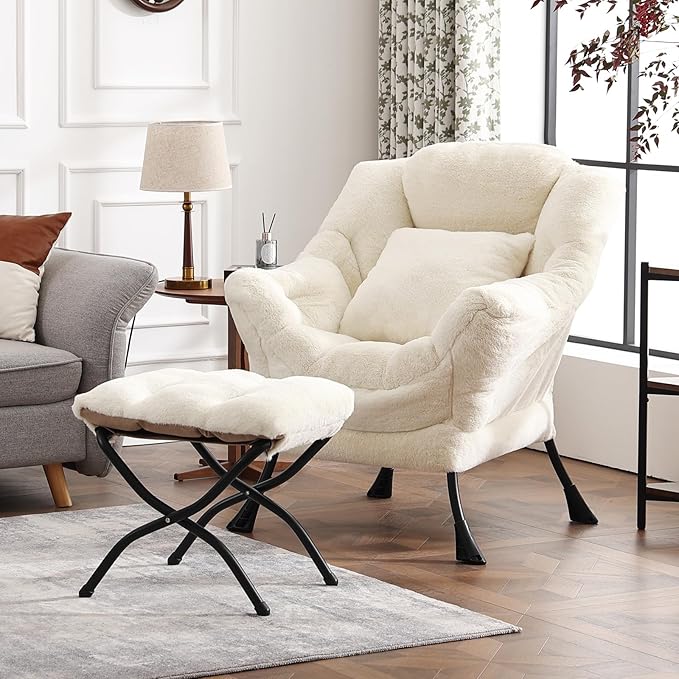 Lazy Chair with Ottoman, Large Lvory Lounge Accent Chair with Ottoman and FA Throw Pillow, Comfy Plush Reading Chair for Living Room Bedroom Dorm Room Office Apartment Relaxing Use